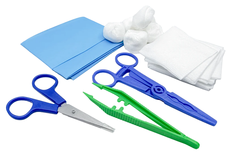 Set de pansement avec pinces, ciseaux et compresses – Carton de 5 sets