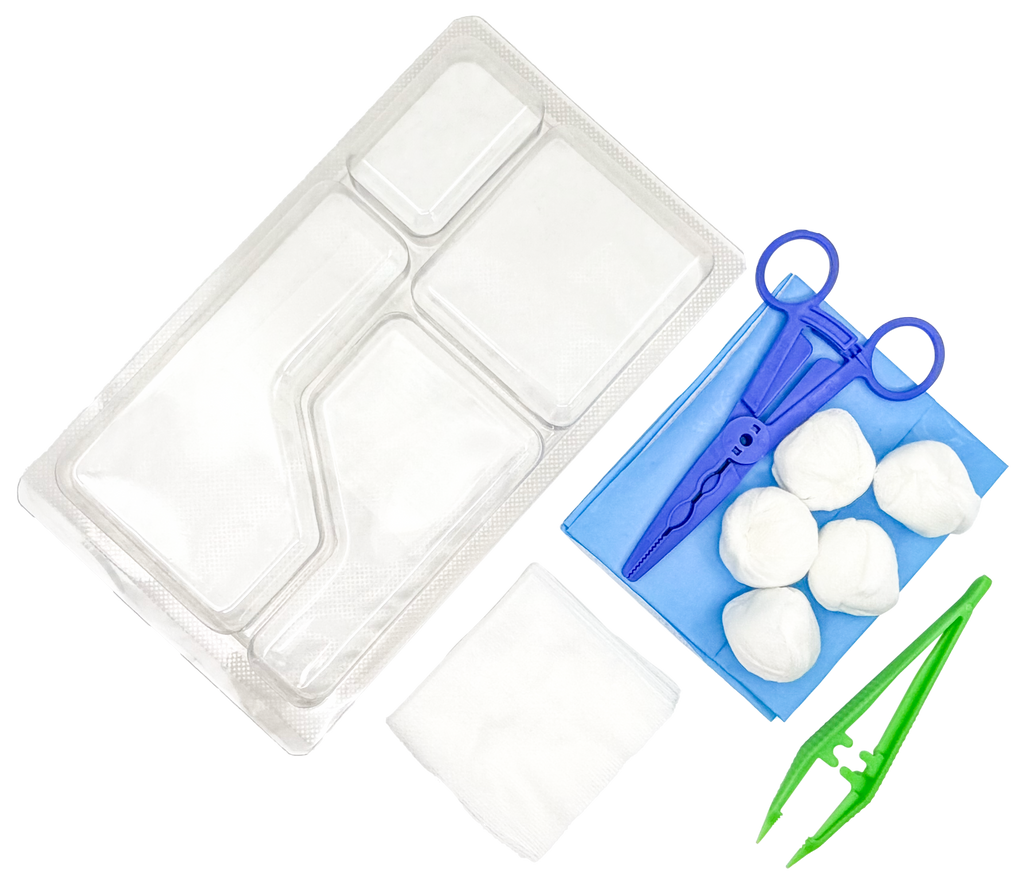 Set de pansement avec 3 pinces, compresses et boules de gaze – Carton de 5 sets