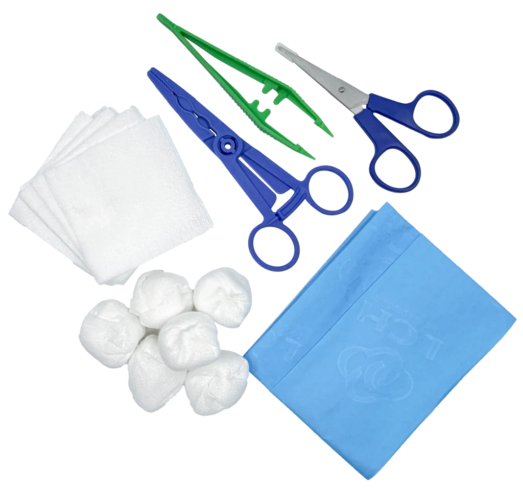 Set de pansement avec pinces, ciseaux et compresses – Carton de 5 sets