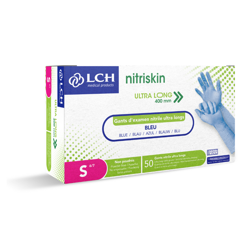 Nitriskin nitril onderzoekshandschoenen, poedervrij, blauw, extra lang, 40 cm, doos van 50