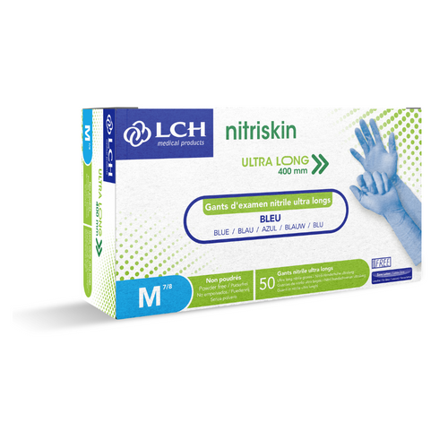 Nitriskin nitril onderzoekshandschoenen, poedervrij, blauw, extra lang, 40 cm, doos van 50